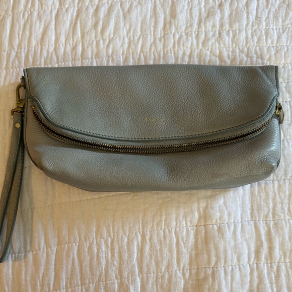 Fossil Blue Leather Fold Over Pouch Wristlet Clutch - Picture 1 of 15